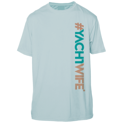 A light blue sun shirt with the word yachtwife on it.