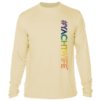 A long-sleeved UV shirt with the word vcwife on it.