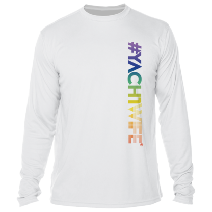 A white long-sleeve UPF swim shirt with the word victwife on it.