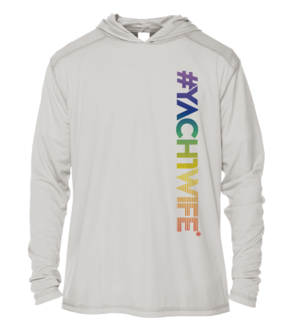 A white hoodie with the word chhlife on it, also doubling as a UV shirt.