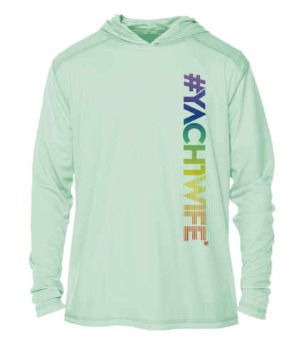 A green hoodie with a rainbow logo on it, perfect for sun protective clothing.