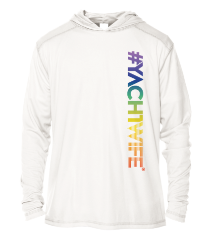 A white hoodie with rainbow letters on it, perfect as sun protective clothing.