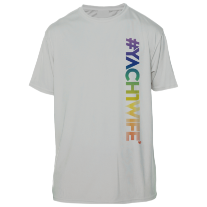 A white UV shirt with the word yachtwife on it.