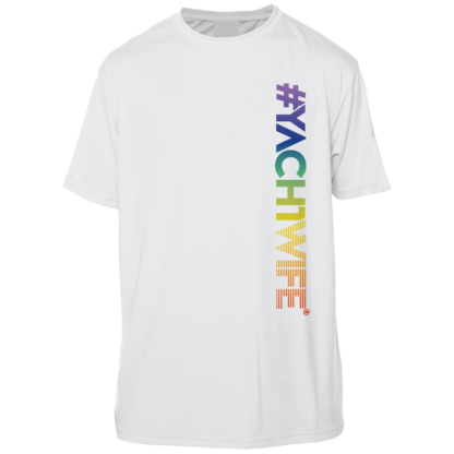 A white swim shirt with a rainbow on it.