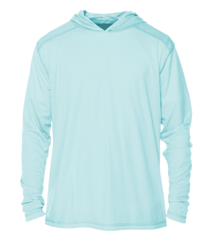 A men's blue hoodie with a hood, perfect for sun protection.