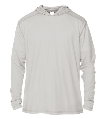 The men's grey hoodie, a versatile sun protective clothing piece, is shown on a white background.