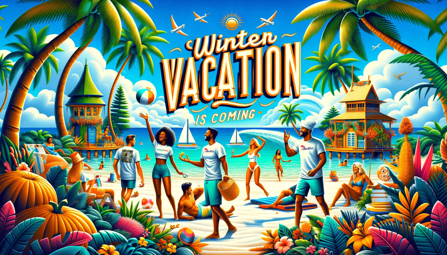 An illustration of people on a beach wearing sun protective clothing with the words winter vacation.