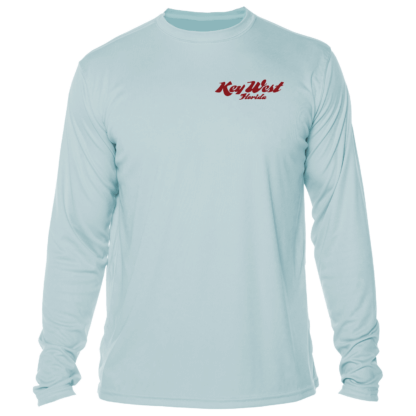 A light blue long-sleeve t-shirt with a red logo, perfect as sun protective clothing.