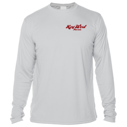 A grey long-sleeve UPF shirt with a red logo.