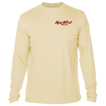 A beige long-sleeved UV shirt with a red logo.