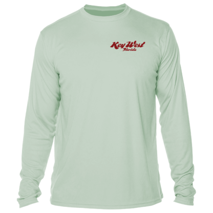A green long-sleeved t-shirt with a red logo, suitable for sun protective clothing.