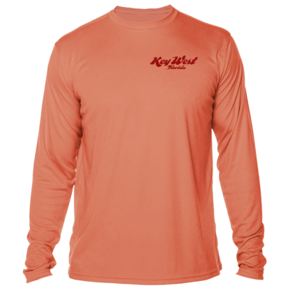 A men's UV shirt in orange with a red logo.