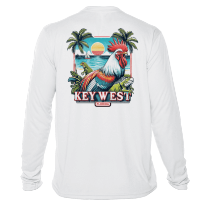 A white long-sleeve t-shirt with an image of a rooster and palm trees. This sun protective swim shirt also doubles as sun shirt, ensuring your skin is shielded from harmful