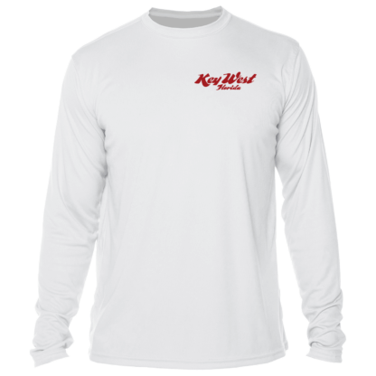 A white long-sleeve t-shirt with a red logo, perfect as sun protective clothing.
