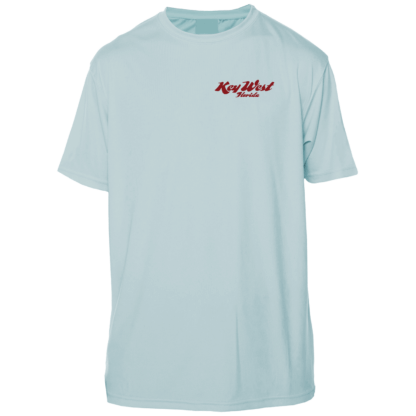 A light blue t-shirt with a red logo made of UV protective fabric.
