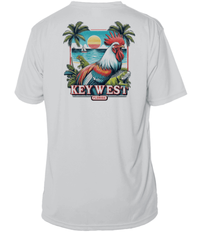 A white UV shirt with an image of a rooster and palm trees.