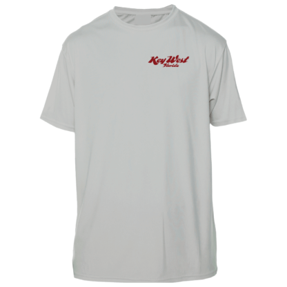 A white UV shirt with red lettering.