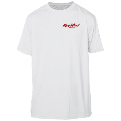 A white sun shirt with a red logo on it.