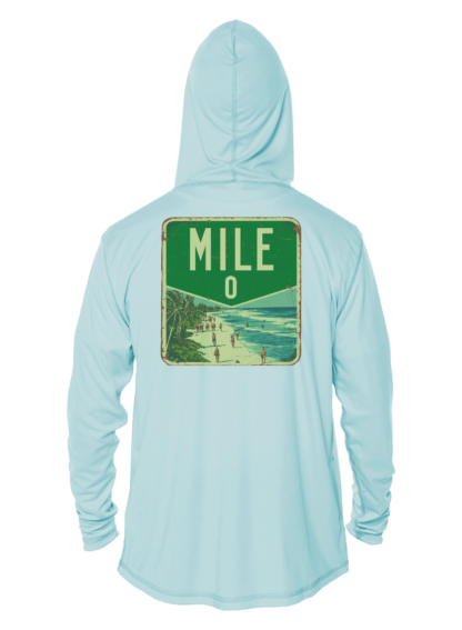 A light blue hoodie with the word mile on it.