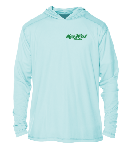 A light blue hoodie with a green logo on it, perfect as sun protective clothing.
