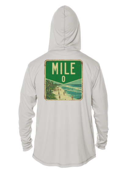 A white rash guard hoodie with the word mile on it.