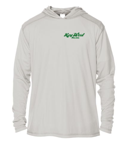 A white hoodie with green lettering and a green logo, perfect as a sun shirt.