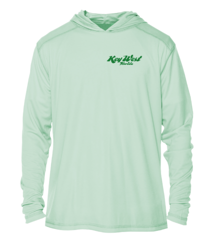 A men's green hoodie with a logo on it.