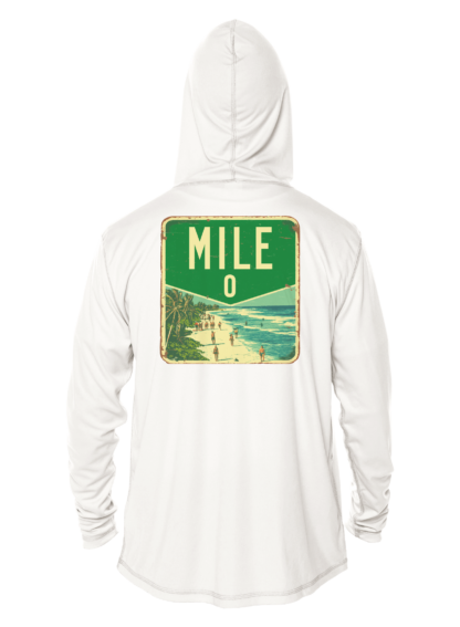 A white hoodie with the word "mile" on it, perfect as a sun shirt or UV shirt.