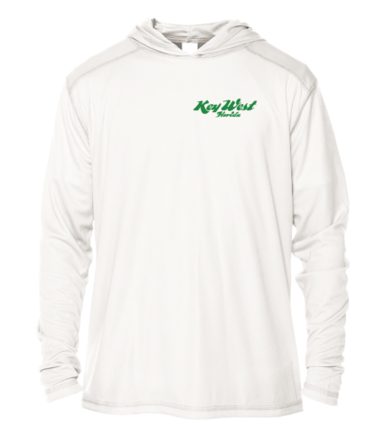 A white hoodie with a green logo on it, perfect for sun protective clothing.