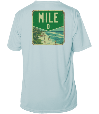 A light blue rash guard with a mile sign on it.