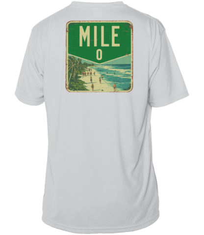 A white UV shirt with the word mile on it.