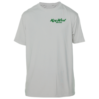 A white t-shirt with a green logo on it, also serving as UV sun protective clothing.