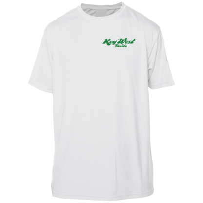 A white sun shirt with a green logo on it.