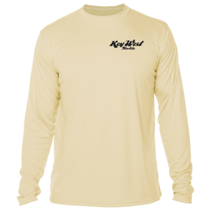 A beige long sleeve sun protective t-shirt with a black logo.