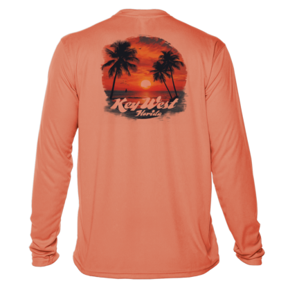 A long-sleeved orange UV shirt with a sunset and palm trees.