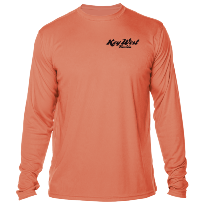 A men's orange long sleeve t-shirt with a UPF logo.