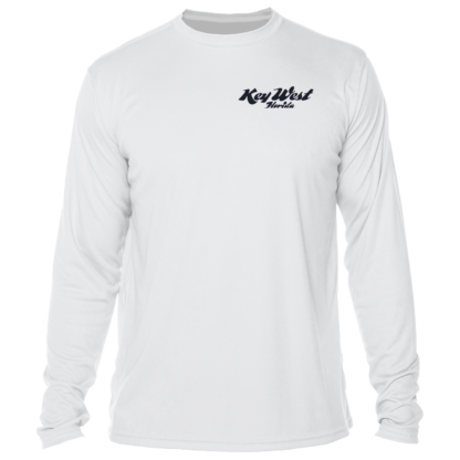A white long-sleeve t-shirt with a logo on it, perfect as a sun shirt for protection against harmful UV rays.