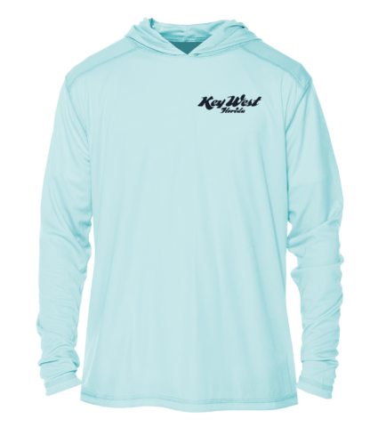 A blue hoodie with a black logo, perfect for sun protection (UPF clothing).