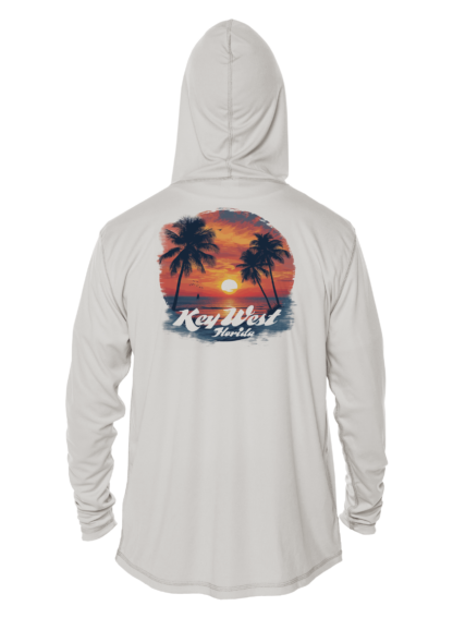 A white hoodie with an image of a sunset and palm trees, perfect as a UV shirt or swim shirt.
