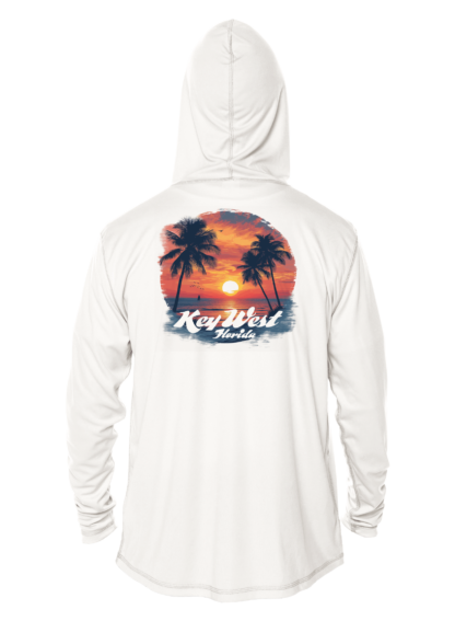 A white hoodie with an image of a sunset and palm trees, perfect for those looking for a sun shirt.