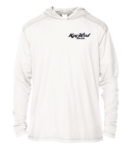A white hoodie with a blue logo on it, perfect for sun protective clothing.