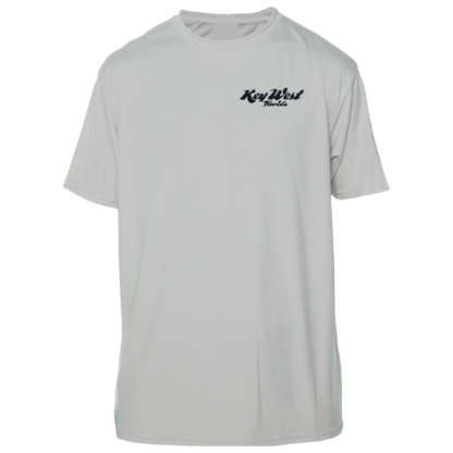 A grey t-shirt with a logo on it, suitable as a UV shirt or sun shirt.