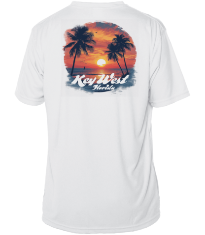 A white sun shirt with palm trees and a sunset.