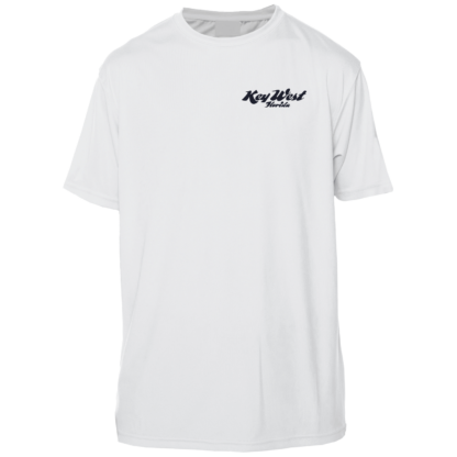 A white t-shirt with a blue logo, also serving as sun protective clothing.