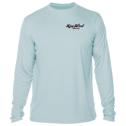 A light blue long sleeve swim shirt with a brown logo, perfect for sun protection (UPF clothing).