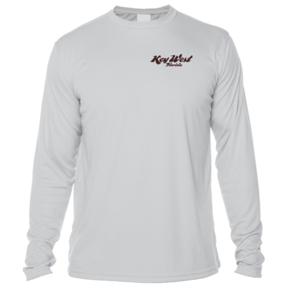 A white long sleeve rash guard t - shirt with a red logo.