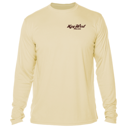 A men's long sleeve t-shirt with a beige color and a brown logo.