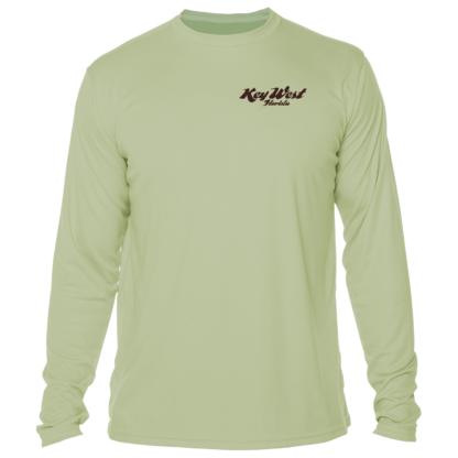 The men's green long sleeve t-shirt with a brown logo is a stylish and functional sun shirt.