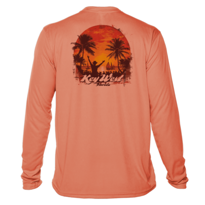 A men's orange long sleeve sun shirt with a sunset and palm trees.