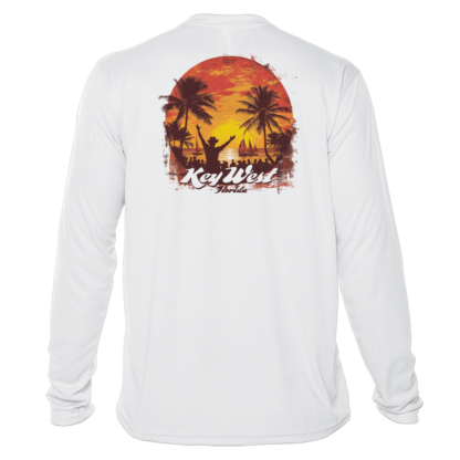 A white long sleeve t-shirt with an image of a sunset and palm trees, perfect as sun protective swim shirt.